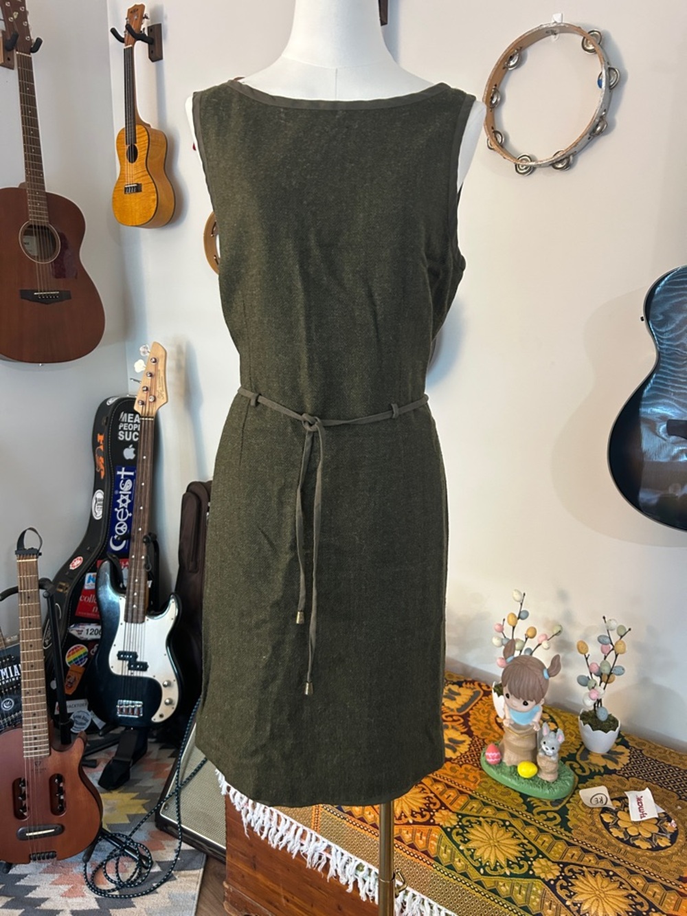 Vintage Bob Mackie Classic Sleeveless Olive Green Belted Dress